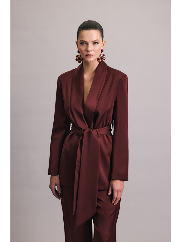 SATEEN Kuşaklı Saten Ceket - Bordo