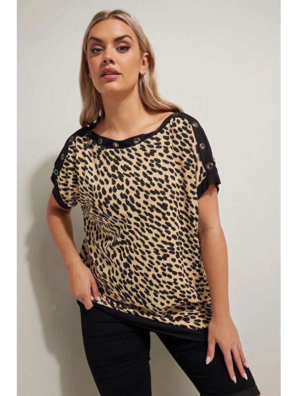Stil Diva Büyük Beden Leopar Desenli Kuş Gözü Detaylı T-shirt 304086