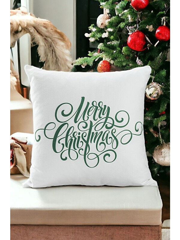 Asdiva Yılbaşı Temalı "Merry Christmas" Yeşil Yazı Baskılı Kırlent Kılıfı - Beyaz 43x43