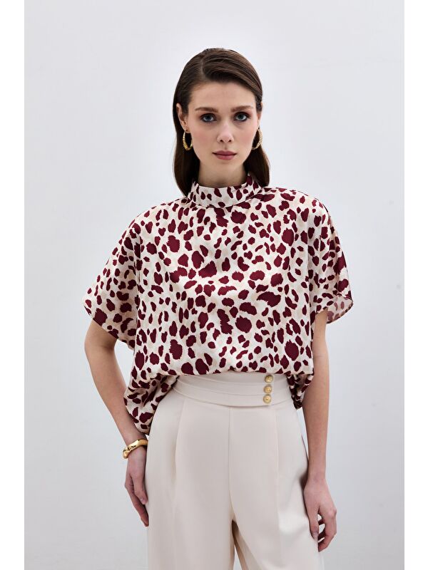 SATEEN Yarasa Kol Salaş Bluz - Bej-Bordo