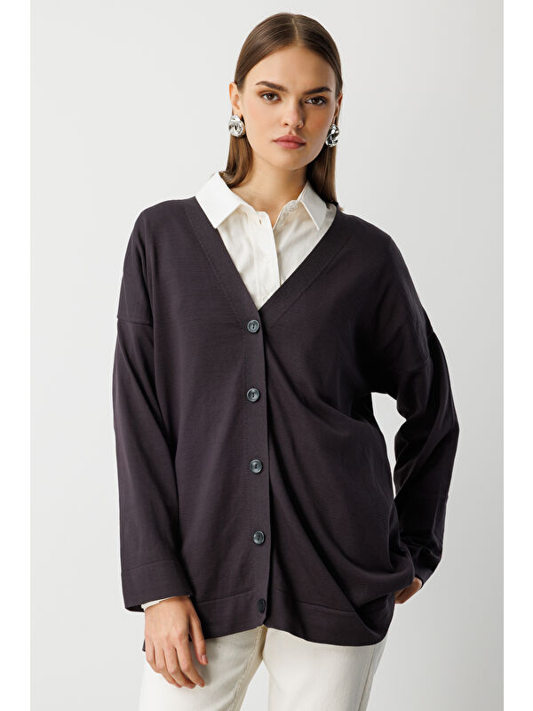 Mizalle Ekstra Oversize Düşük Kol Basic Antrasit İnce Triko Hırka