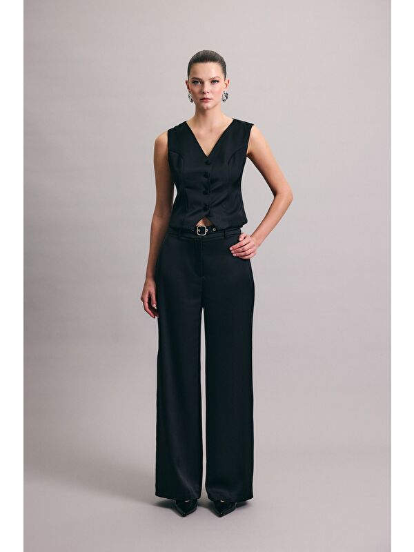 SATEEN Kemer Detaylı Saten Pantolon - Siyah
