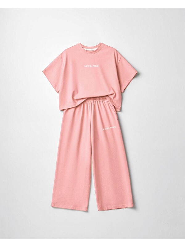 Magu Kız Çocuk Pamuklu Pembe Baskılı T-Shirt Pantolon Takım - Bol Kesim Rahat Set