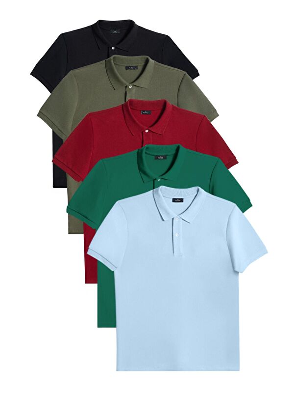 TUDORS Erkek 5'Li Paket Siyah-Haki-Bordo-Zümrüt Yeşili-Mavi Slim Fit Pamuklu Düz Pike Polo Yaka Tişört