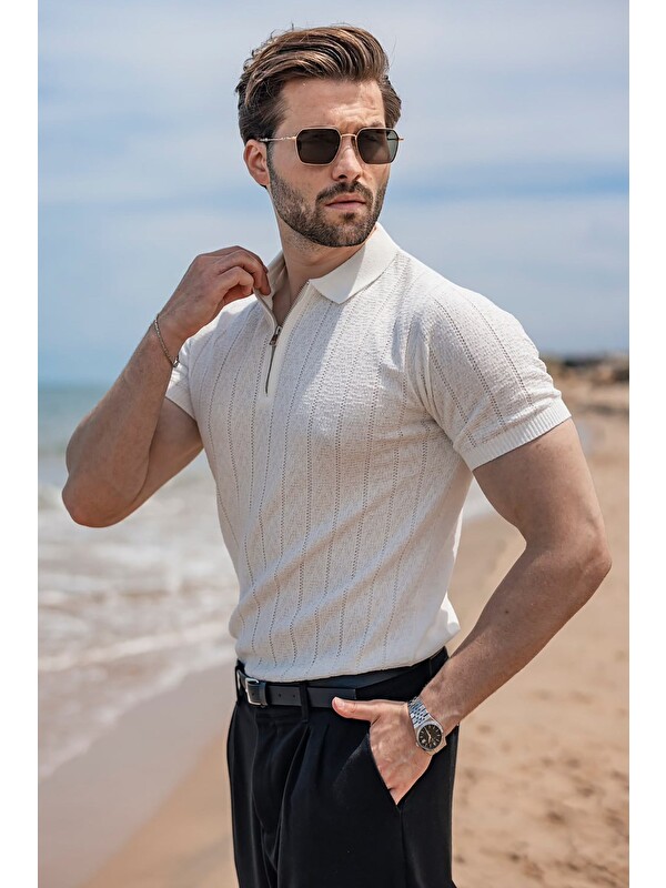 Madmext Ekru Regular Fit Polo Yaka Triko Erkek Tişört E7503