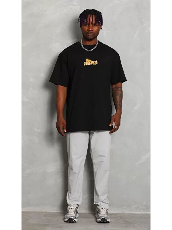 Jane's Unisex Bisiklet Yaka Baskılı Oversize T-Shirt - Siyah