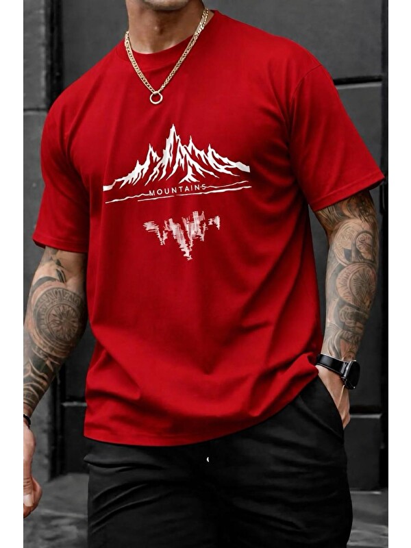 Oksit Mountains Baskılı Bisiklet Yaka Pamuklu Erkek T-Shirt Rahat Kesim