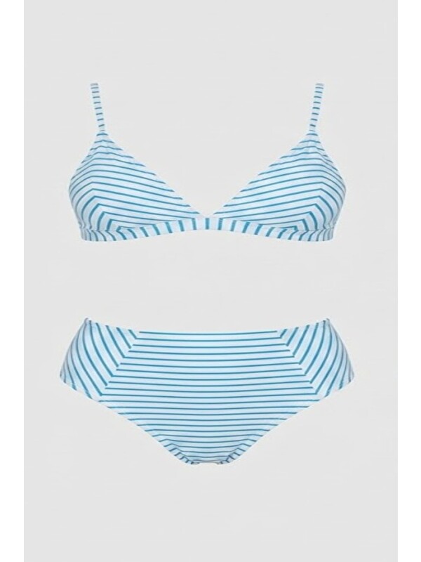 C&City Yüksek Bel Üçgen Bikini Takım 3228 Beyaz/Mavi
