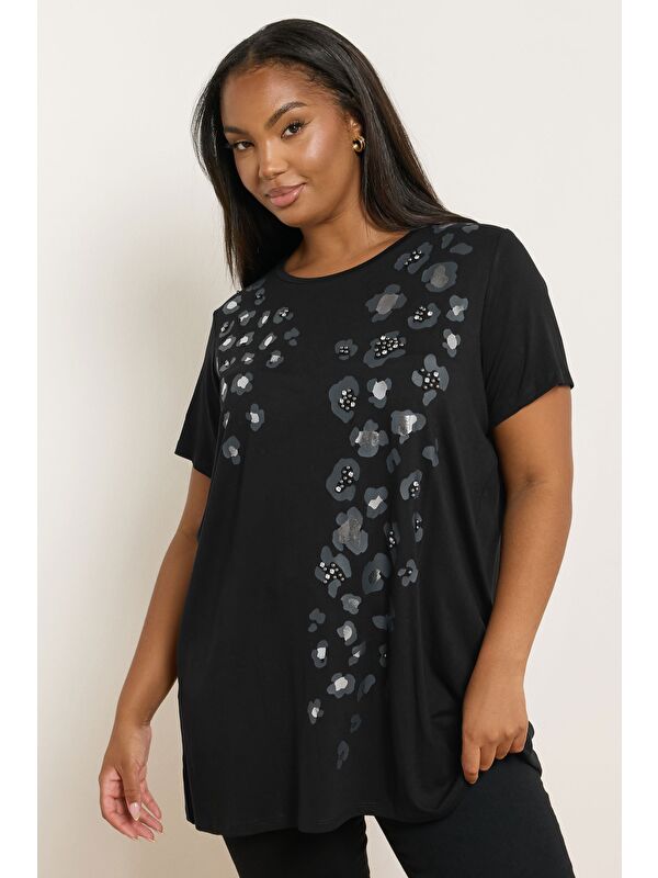 Stil Diva Büyük Beden Kısa Kollu Bisiklet Yaka Baskılı T-shirt 322959