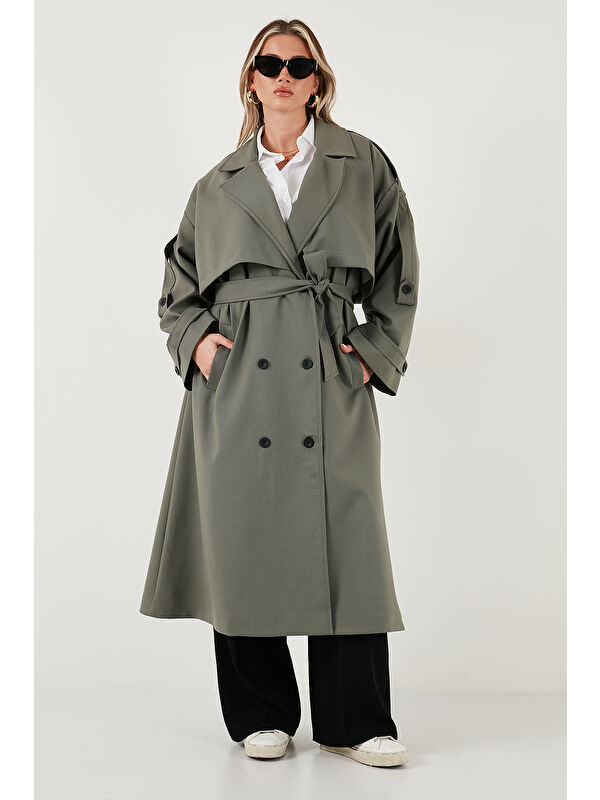 Lela Oversize Fit Kruvaze Yaka Düğmeli Kemerli Uzun Trençkot 6839476