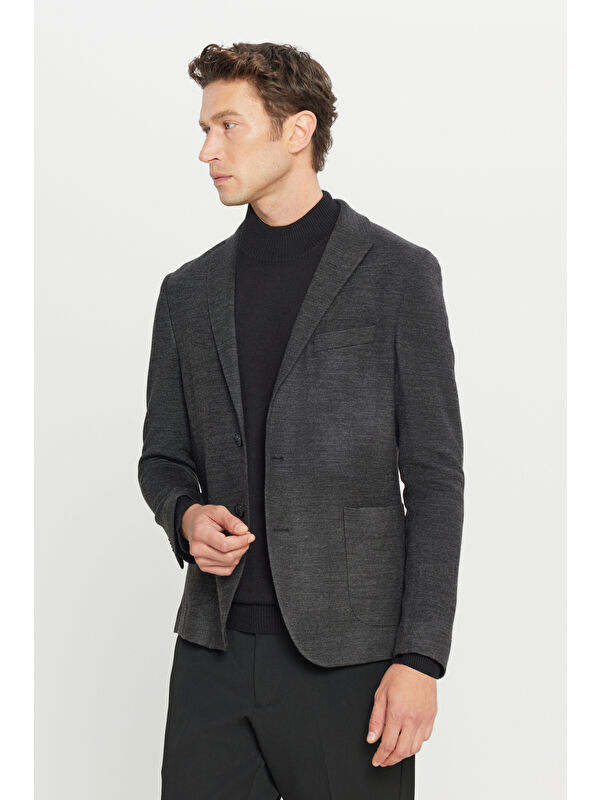 Altınyıldız Classics Erkek Antrasit Yünlü Slim Fit Dar Kesim Mono Yaka Torba Cepli Blazer Ceket