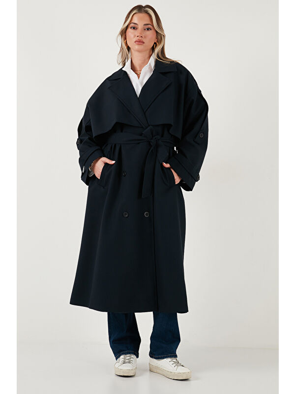 Lela Oversize Fit Kruvaze Yaka Düğmeli Kemerli Uzun Trençkot 6839476