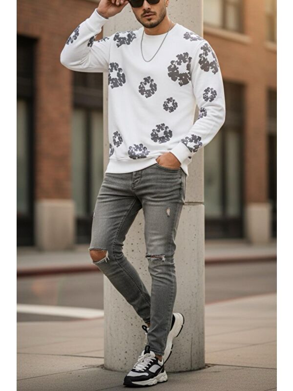 Oksit Karly İki İplik Çiçek Baskılı Bisiklet Yaka Slim Fit Unisex Sweatshirt