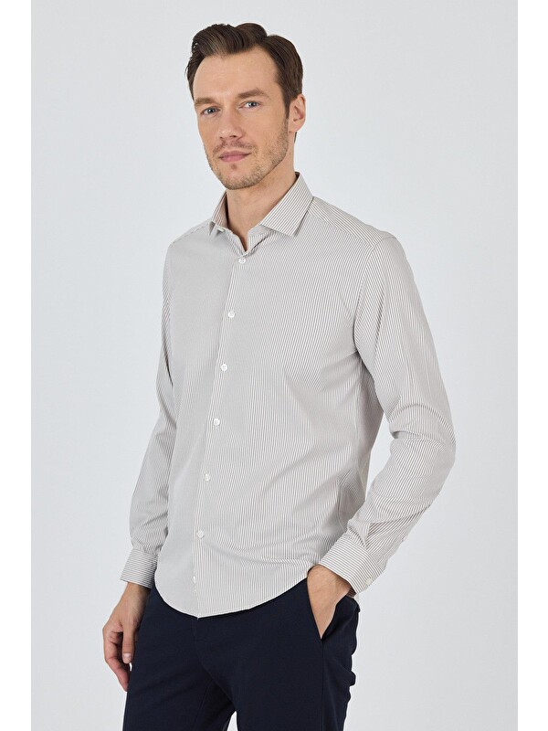 İMZA Uzun Kol Çizgili Desen Bez Ayağı İtalyan Yaka Cepsiz Esnek Classic Slim Fit Gömlek 1004250200