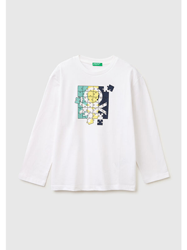 United Colors Of Benetton Erkek Çocuk Beyaz Önü Logo Baskılı Bisiklet Yaka Uzun Kollu T-Shirt