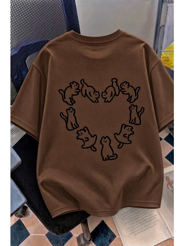 Oksit Kedi Kalp Desenli Oversize/Rahat Kesim Kısa Kollu T-shirt