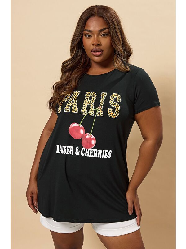 Stil Diva Büyük Beden Bisiklet Yaka Kısa Kollu Baskılı T-shirt 304176