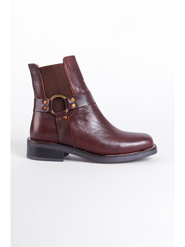 Hakiki Deri Yandan Lastikli Toka Detaylı Kadın Bot - Görsel 3