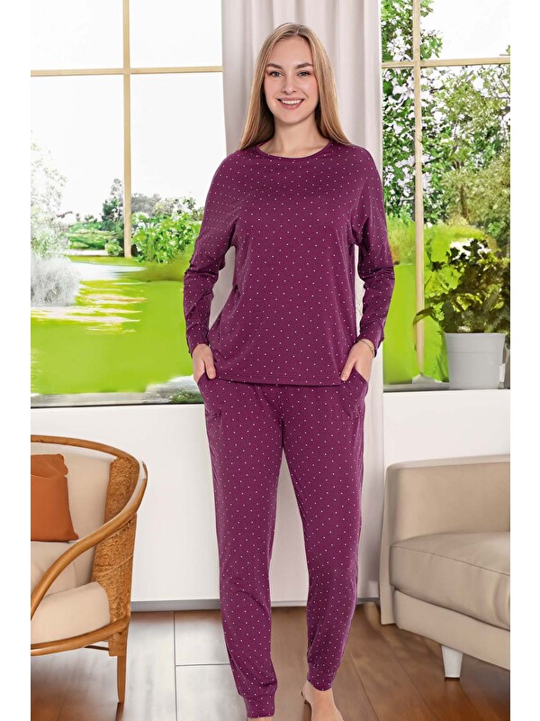 Remsa Kadın Puantiye Desen Uzun Kol Pijama Takımı 240987 Mürdüm