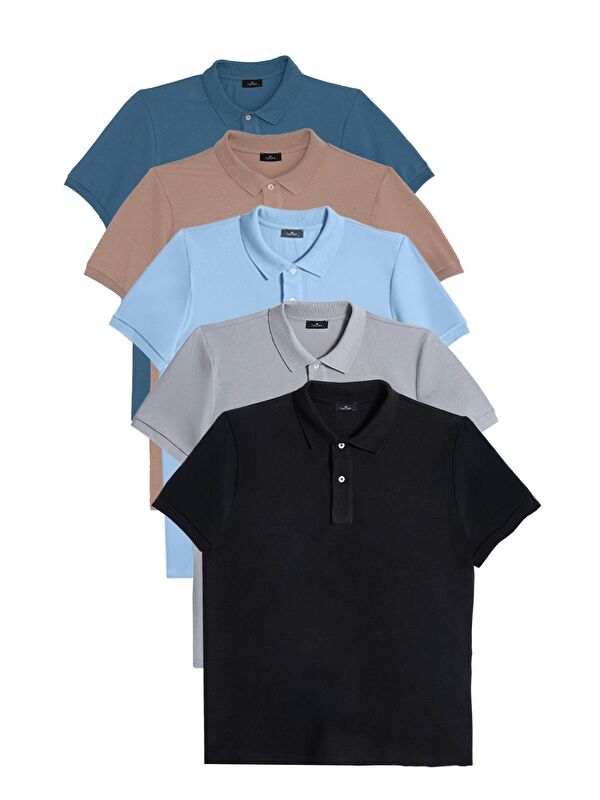 TUDORS Erkek 5'Li Paket Siyah-Mavi-Gri-Vizon-Petrol Slim Fit Pamuklu Düz Pike Polo Yaka Tişört