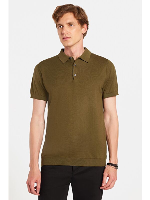 TUDORS Erkek Slim Fit Dar Kesim Pamuklu Örme Triko Haki Polo Yaka Tişört