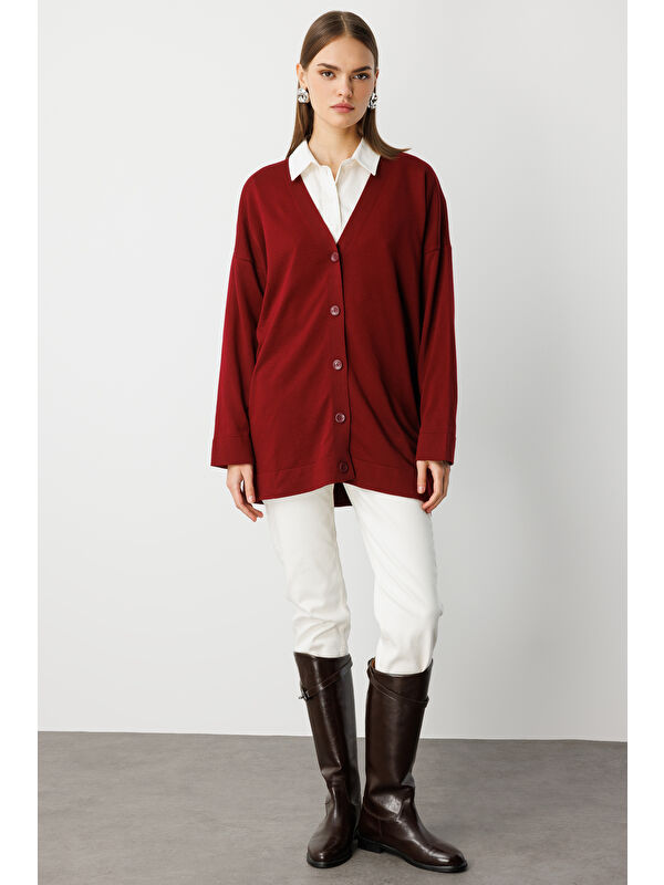Mizalle Ekstra Oversize Düşük Kol Basic Bordo İnce Triko Hırka