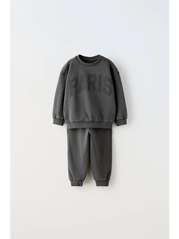 Magu Çocuk Paris Yazı Baskılı Sweatshirt Ve Eşofman Altı Takımı