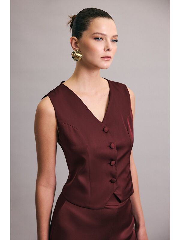 SATEEN Klasik Düz Yelek - Bordo