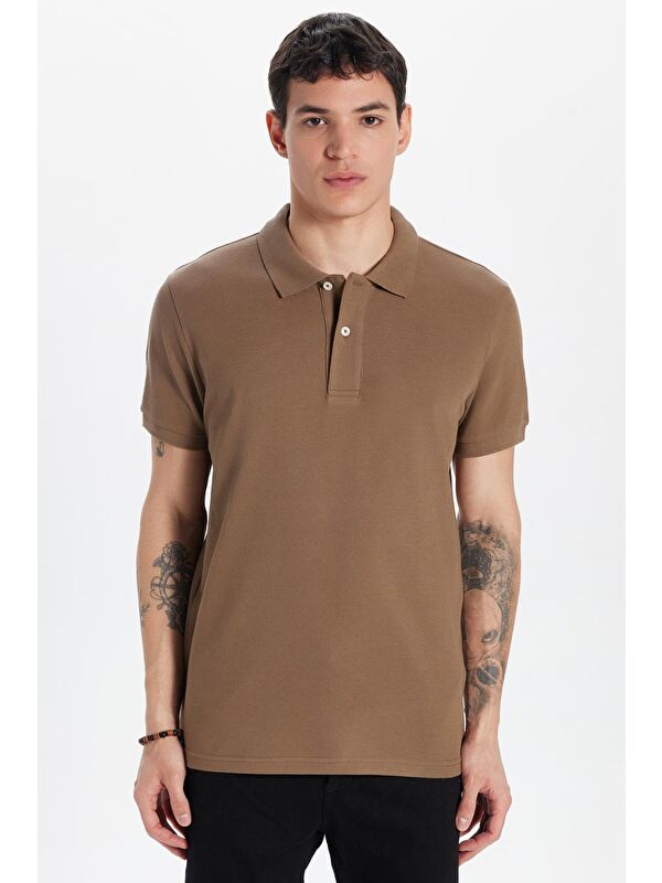 TUDORS Erkek Slim Fit Dar Kesim %100 Pamuk Kahverengi Polo Yaka Tişört