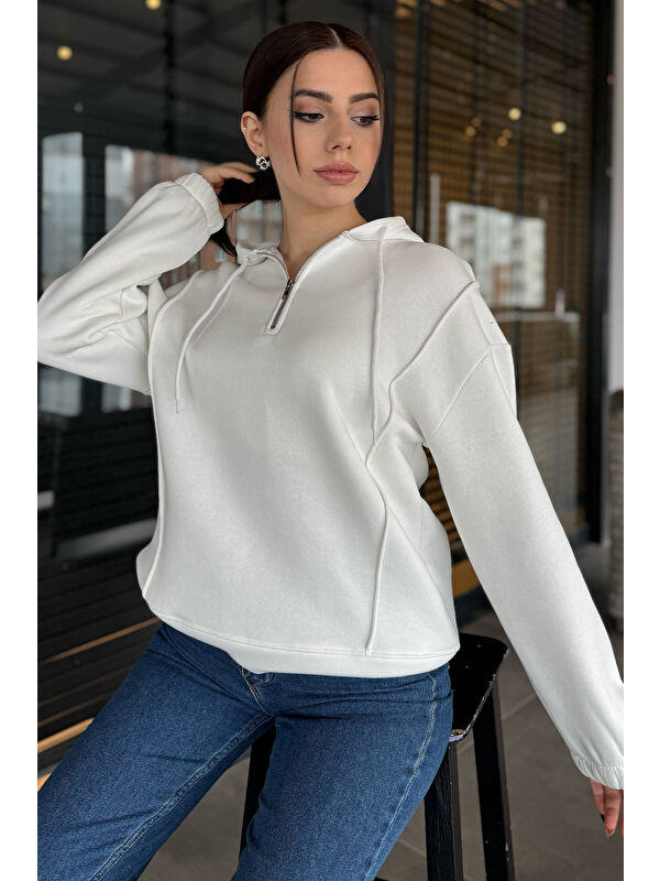 Gülseli Yarım Fermuarlı Üç İplik Şardonlu Kadın Sweatshirt