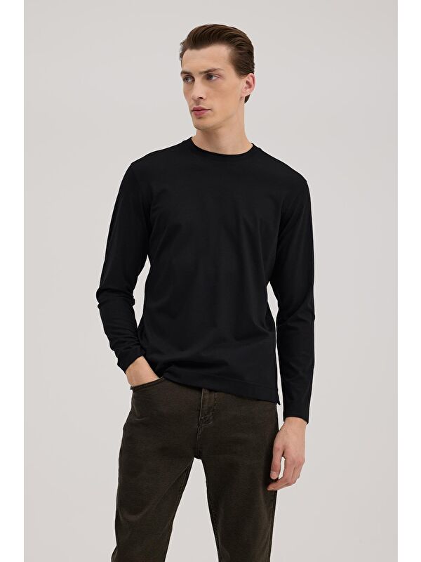 JAKAMEN Siyah Slim Fit Bisiklet Yaka Rayon Uzun Kollu Basic T-Shirt