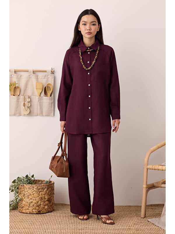HE-QA Pileli Basic Keten Pantolon Bordo