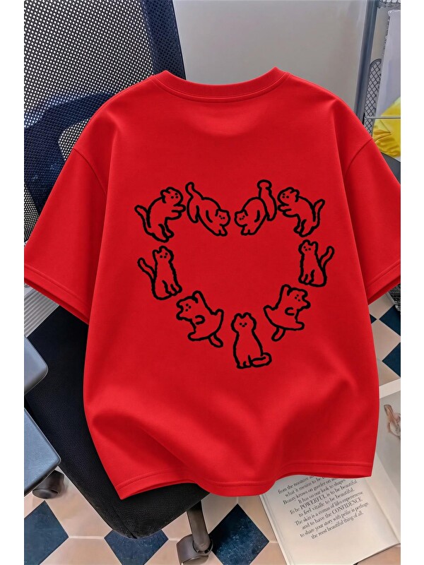Oksit Kedi Kalp Desenli Oversize/Rahat Kesim Kısa Kollu T-shirt