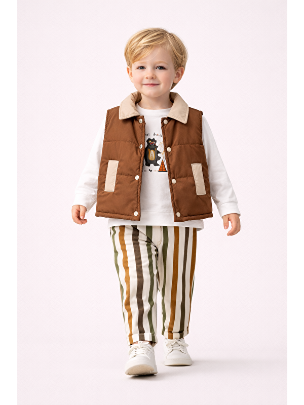 Harika Kids Erkek Çocuk Yelek-Sweatshirt-Çizgili Pantolon 3'lü Takım (2-5 Yaş)