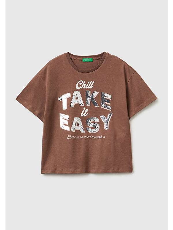 United Colors Of Benetton Kız Çocuk Simli Grafik Baskılı Yuvarlak Yaka Oversize T-Shirt