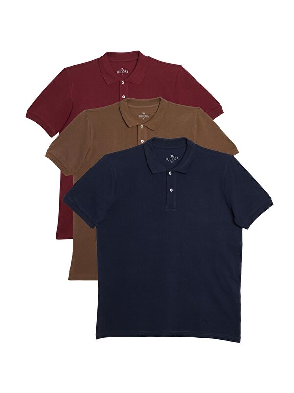 TUDORS Erkek Regular Fit %100 Pamuk 3'Lü Bordo-Kahverengi-Lacivert Pike Polo Yaka Tişört