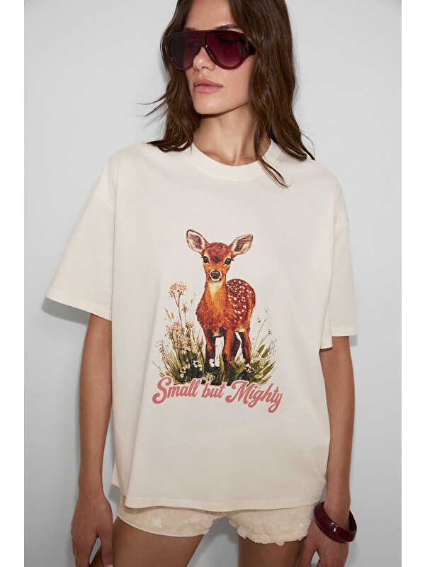 ETHIQUET ORISTANO Kadın %100 Organik Pamuklu Kalın Dokulu Oversize Fit Baskılı EKRU T-Shirt