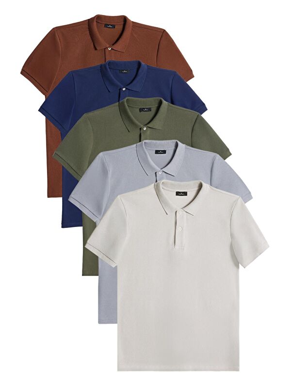 TUDORS Erkek 5'Li Paket Kahverengi-Lacivert-Haki-Gri-Açık Gri Slim Fit Pamuklu Düz Pike Polo Yaka Tişört