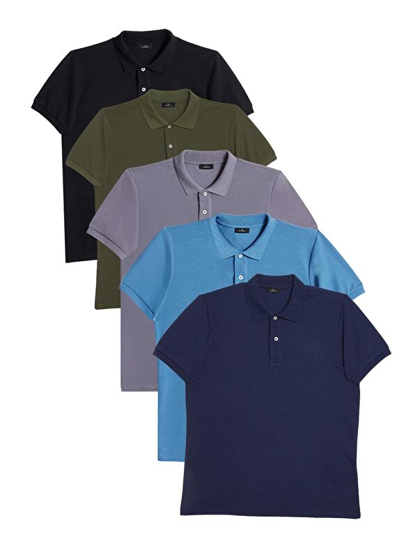 TUDORS Erkek 5'Li Paket Lacivert-Mavi-Gri-Haki-Siyah Slim Fit Pamuklu Düz Pike Polo Yaka Tişört