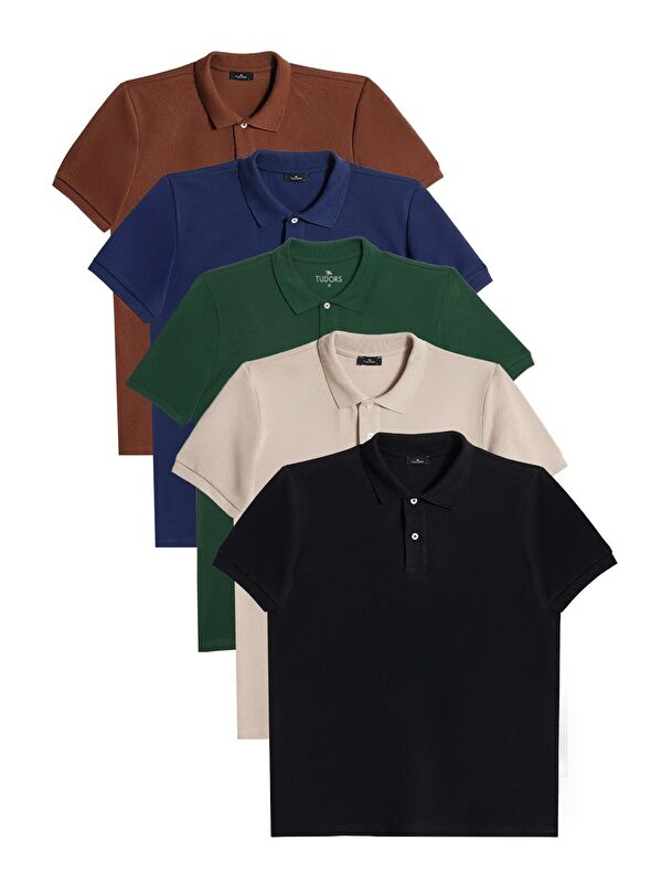 TUDORS Erkek 5'Li Paket Kahverengi-Lacivert-Koyu Yeşil-Taş-Siyah Slim Fit Pamuklu Düz Pike Polo Yaka Tişört