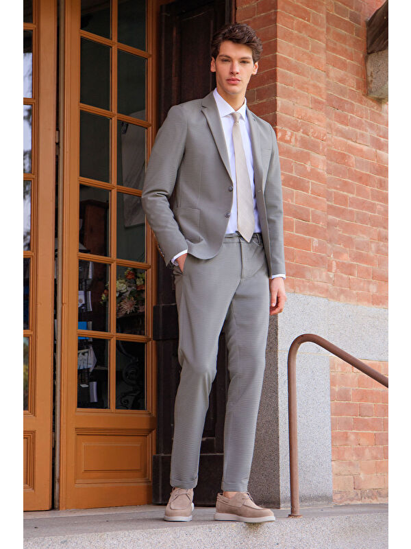 Altınyıldız Classics Erkek Haki Slim Fit Mono Yaka Beli Bağlamalı Torba Cepli Esnek Takım Elbise