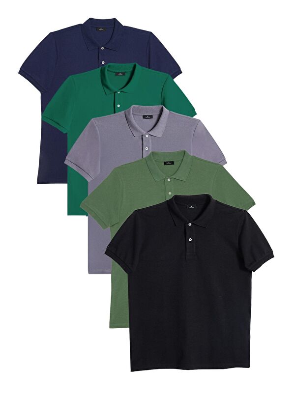 TUDORS Erkek 5'Li Paket Gri-Açık Yeşil-Lacivert-Yeşil-Siyah Slim Fit Pamuklu Düz Pike Polo Yaka Tişört