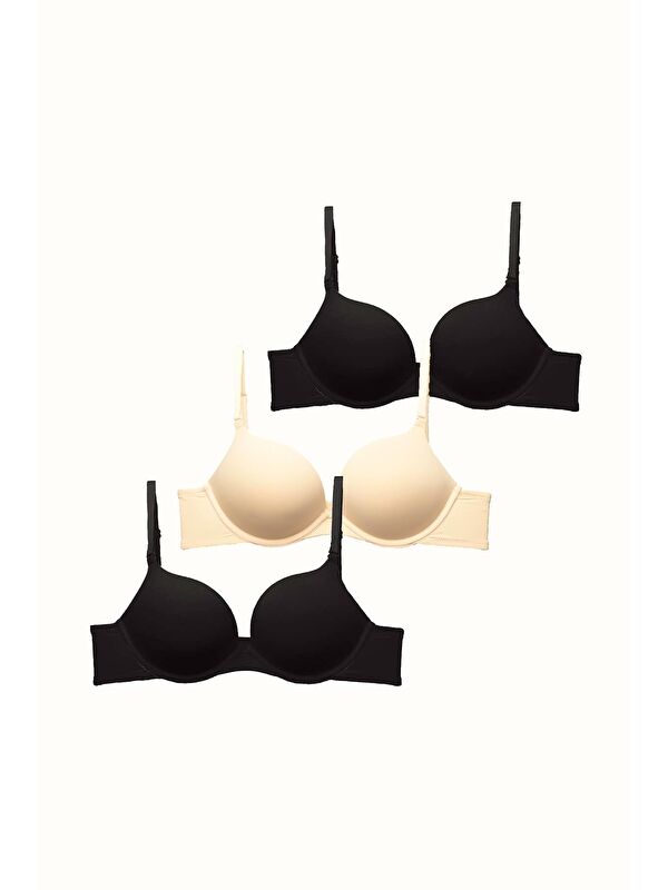 C&City 3'Lü Paket Double Push Up Yumuşak Kaplı Örme Sütyen C37030 Siyah/Ten