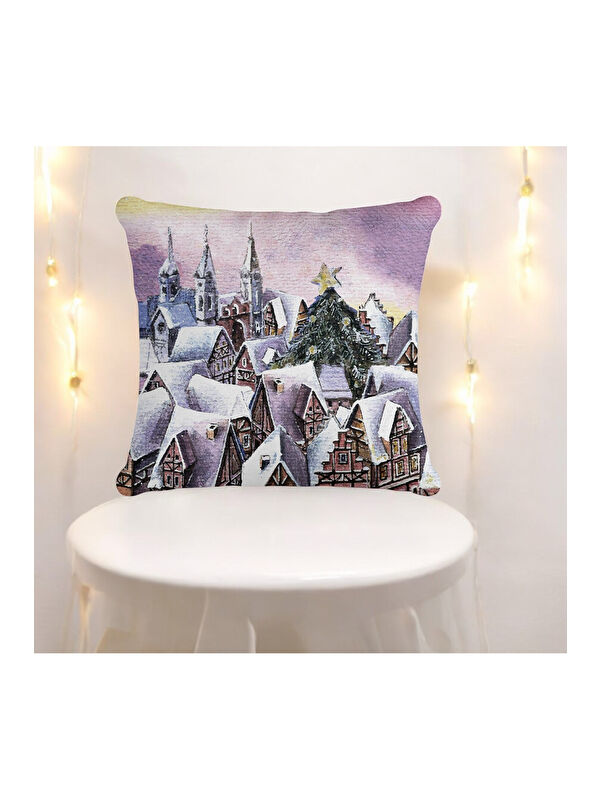 Asdiva Yılbaşı Temalı Kar Kartpostal Manzaralı Dekoratif  Kırlent Kılıfı - Mor 43x43