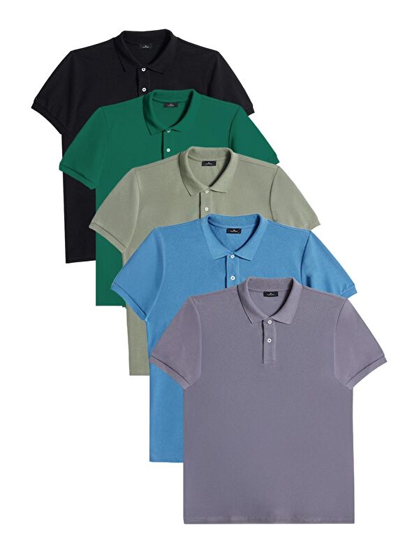 TUDORS Erkek 5'Li Paket Gri-Mavi-Haki-Yeşil-Siyah Slim Fit Pamuklu Düz Pike Polo Yaka Tişört