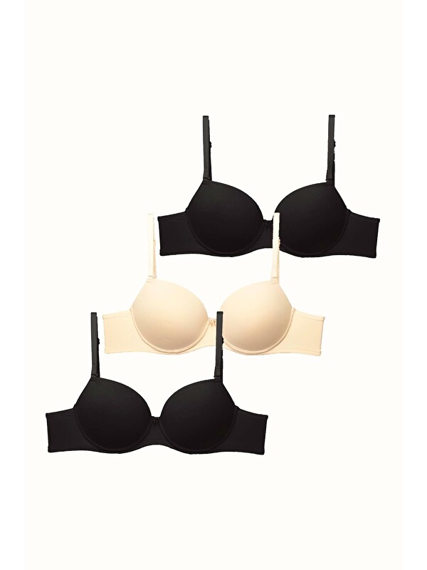 C&City 3'Lü Paket Push Up Yumuşak Kaplı Örme Sütyen C37020 Siyah/Ten