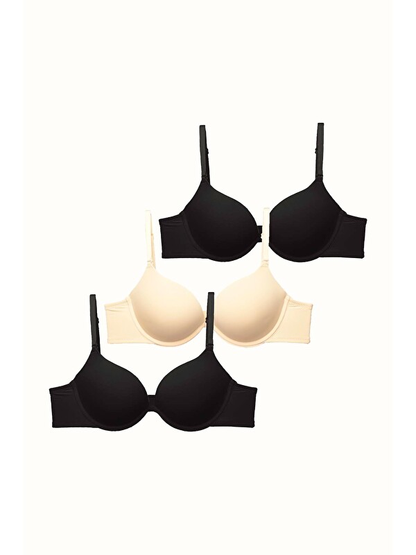C&City 3'Lü Paket Double Push Up Yumuşak Kaplı Örme Sütyen C37035 Siyah/Ten