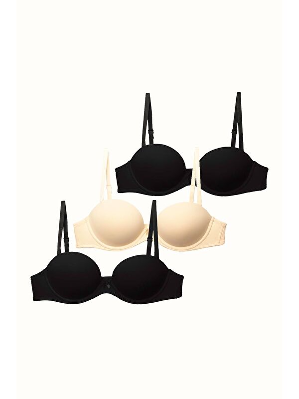 C&City 3'Lü Paket Double Push Up Straplez Yumuşak Kaplı Örme Sütyen C37040 Siyah/Ten