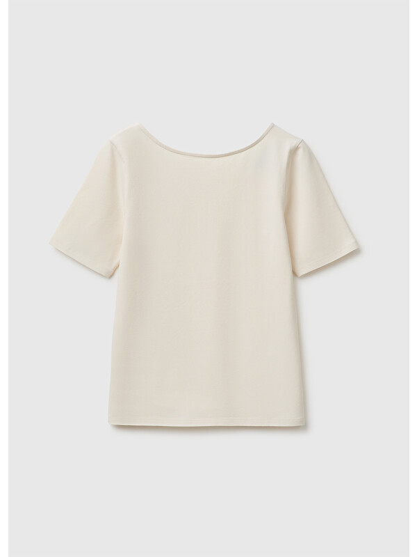 United Colors Of Benetton Kadın Krem Pamuk Karışımlı Örme Slim Fit Geniş Yaka T-Shirt