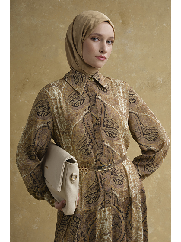 ARMİNE Şal Desenli Elbise Camel
